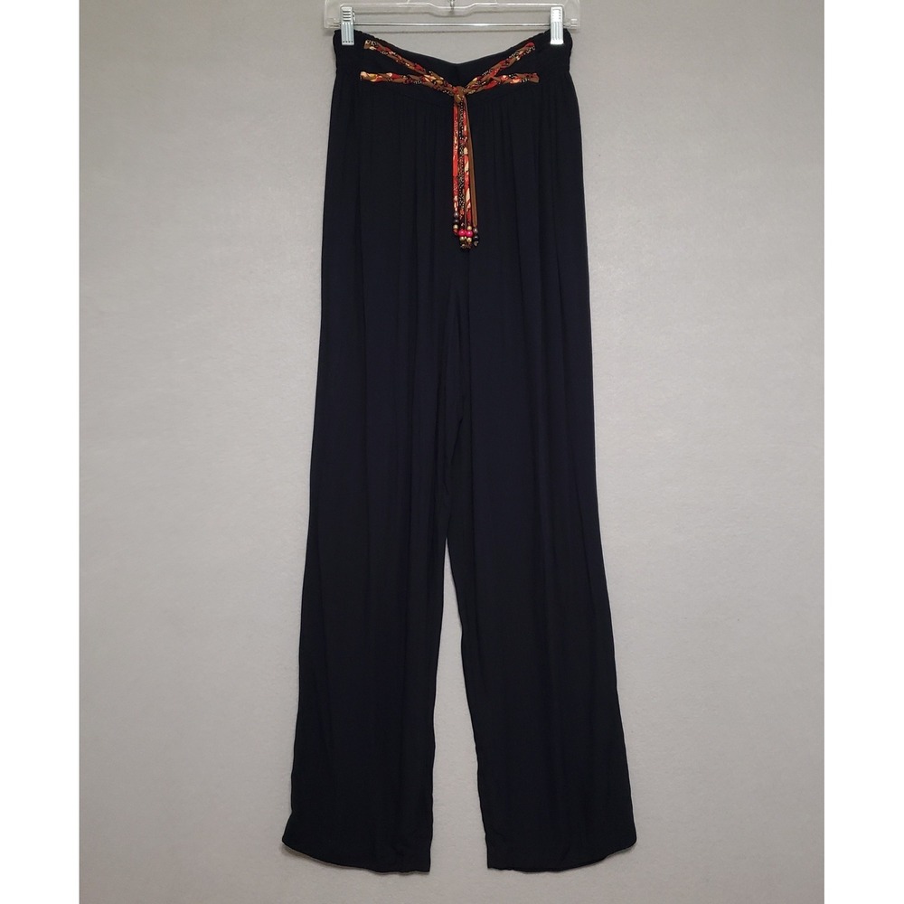 Carole Little 14 Palazzo Pants Black Wide Leg Boho Braided Beaded Tassel Vintage